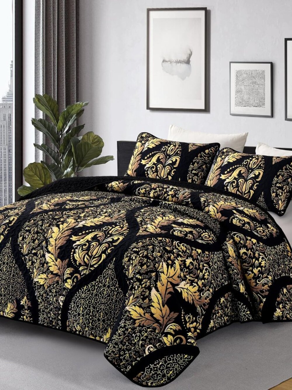 Boho Gold Damask Reversible Microfiber 3-Piece Quilt Set